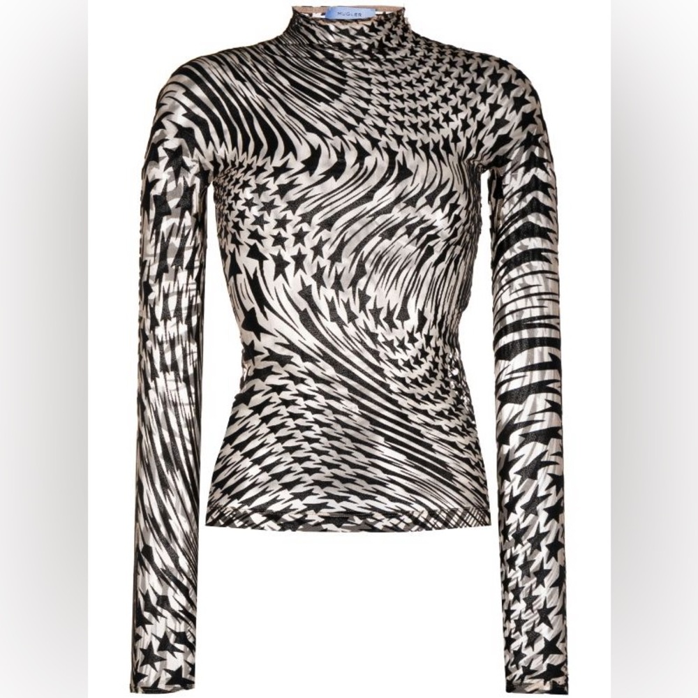 Mugler Flocked Star Sheer Top, Sz FR 36